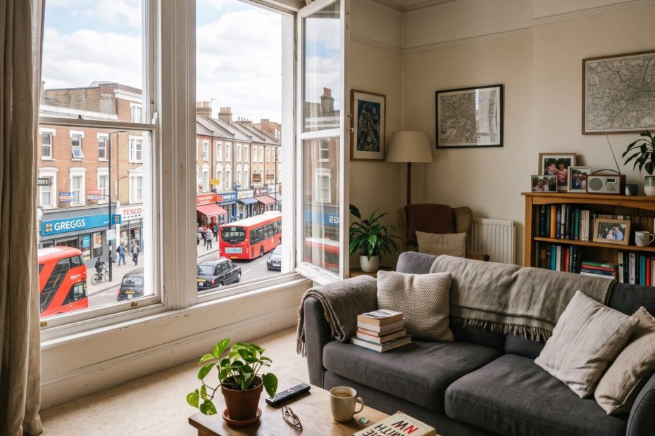 a cosy, lived-in living room inside an upper-floor flat overlooking Holloway Road in North London